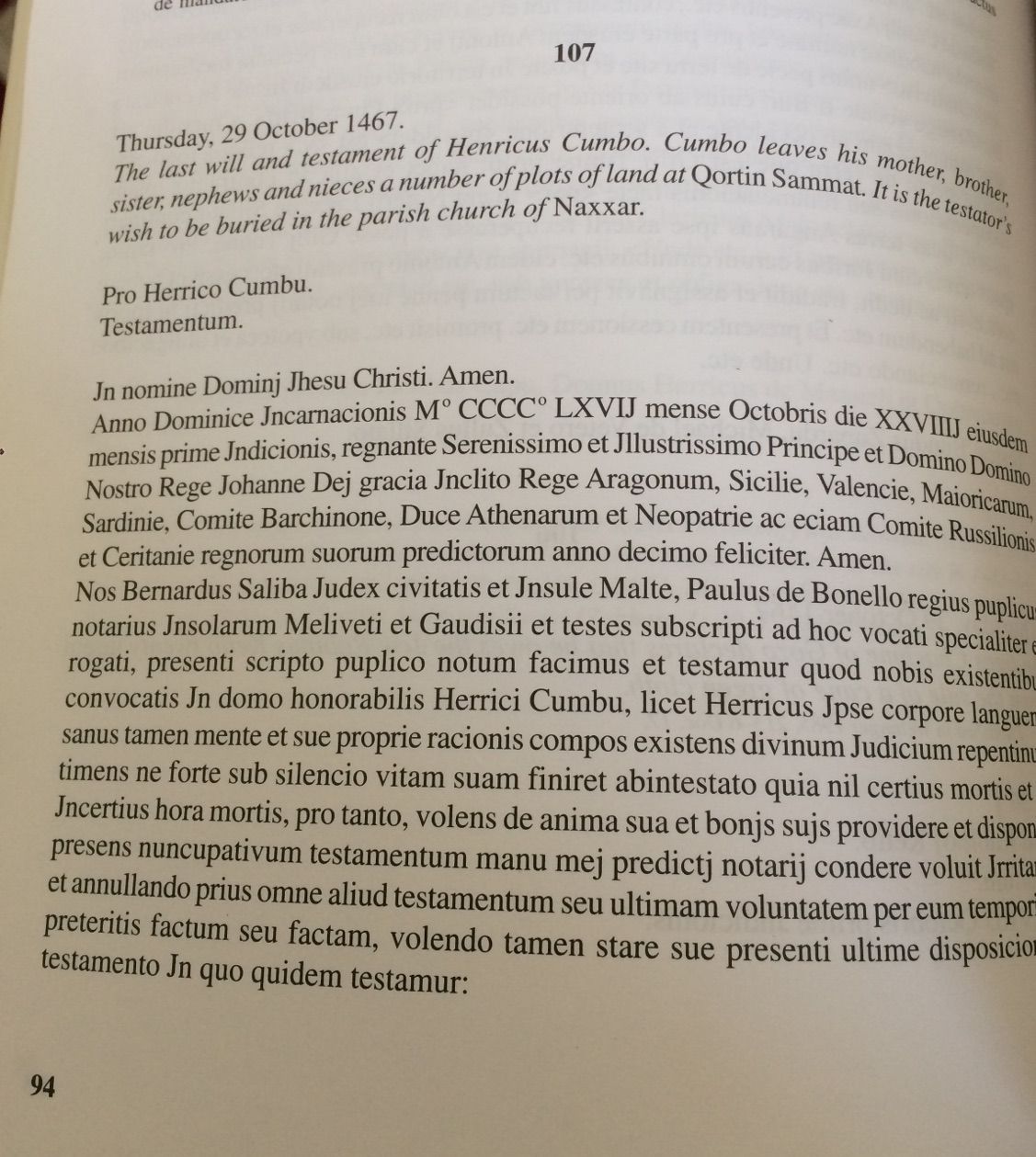 Testament de CUMBO Errigo dans Documentary Sources of Maltese History par Stanley FIORINI Testament de CUMBO Errigo dans Documentary Sources of Maltese History par Stanley FIORINI
